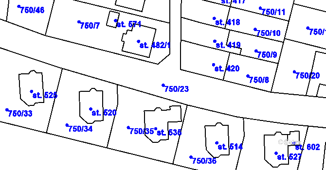 Parcela st. 750/23 v KÚ Tršice, Katastrální mapa