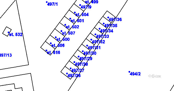 Parcela st. 497/31 v KÚ Tršice, Katastrální mapa