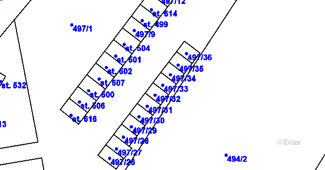 Parcela st. 497/33 v KÚ Tršice, Katastrální mapa