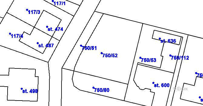 Parcela st. 750/52 v KÚ Tršice, Katastrální mapa