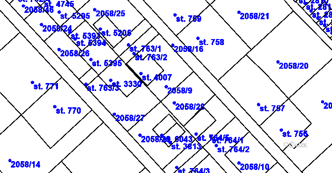 Parcela st. 2058/9 v KÚ Trutnov, Katastrální mapa
