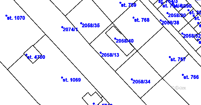Parcela st. 2058/13 v KÚ Trutnov, Katastrální mapa