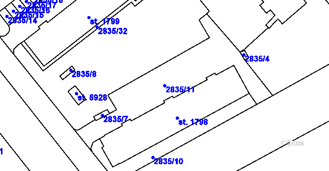 Parcela st. 2835/11 v KÚ Trutnov, Katastrální mapa