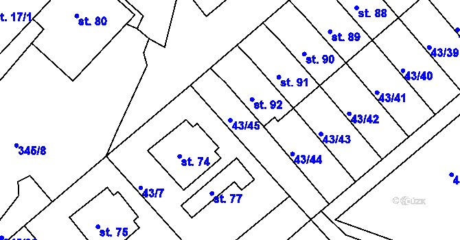 Parcela st. 43/45 v KÚ Třebeň, Katastrální mapa