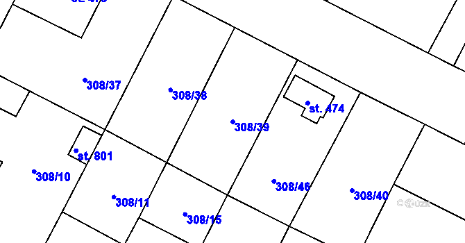 Parcela st. 308/39 v KÚ Třebenice, Katastrální mapa