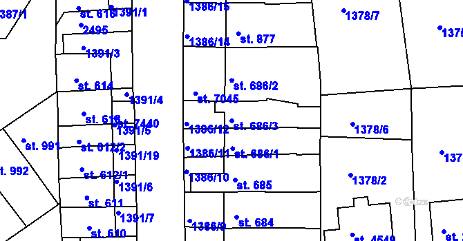 Parcela st. 686/3 v KÚ Třebíč, Katastrální mapa