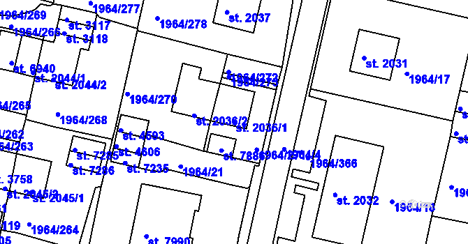 Parcela st. 2036/1 v KÚ Třebíč, Katastrální mapa