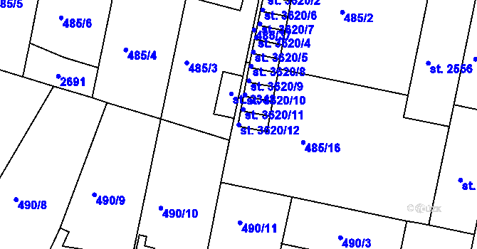 Parcela st. 3620/12 v KÚ Třebíč, Katastrální mapa