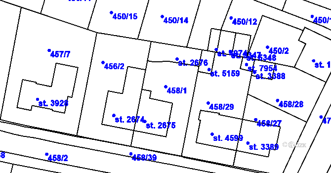 Parcela st. 458/1 v KÚ Třebíč, Katastrální mapa