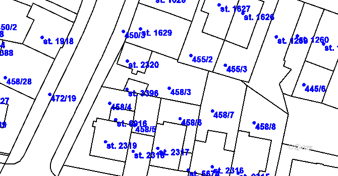 Parcela st. 458/3 v KÚ Třebíč, Katastrální mapa