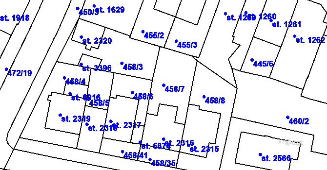 Parcela st. 458/7 v KÚ Třebíč, Katastrální mapa