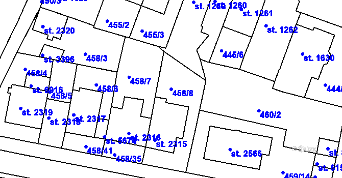Parcela st. 458/8 v KÚ Třebíč, Katastrální mapa