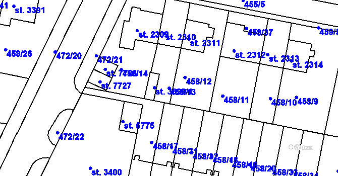 Parcela st. 458/13 v KÚ Třebíč, Katastrální mapa
