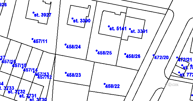 Parcela st. 458/25 v KÚ Třebíč, Katastrální mapa