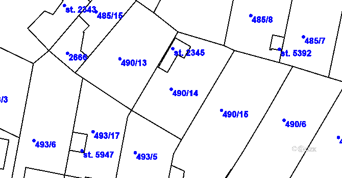 Parcela st. 490/14 v KÚ Třebíč, Katastrální mapa