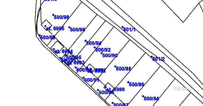 Parcela st. 500/90 v KÚ Třebíč, Katastrální mapa