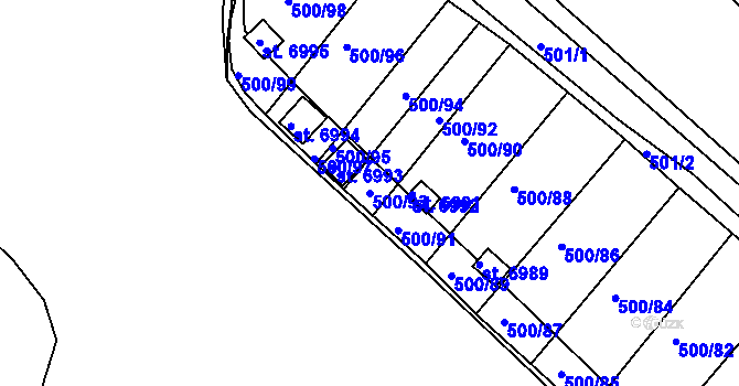 Parcela st. 500/93 v KÚ Třebíč, Katastrální mapa