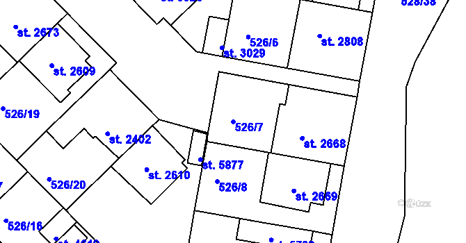 Parcela st. 526/7 v KÚ Třebíč, Katastrální mapa