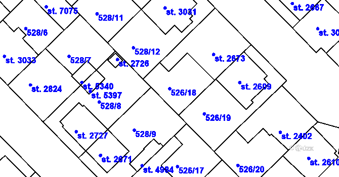 Parcela st. 526/18 v KÚ Třebíč, Katastrální mapa