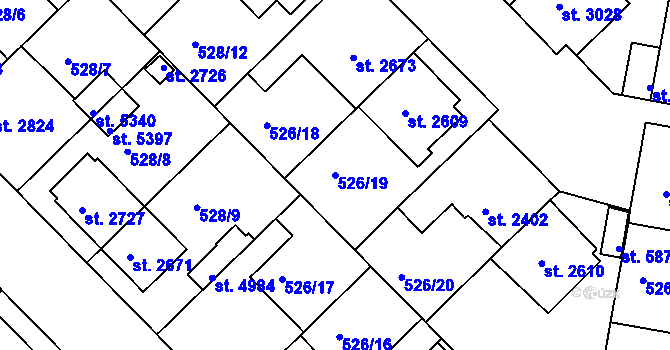 Parcela st. 526/19 v KÚ Třebíč, Katastrální mapa