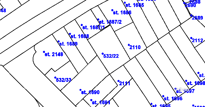 Parcela st. 532/22 v KÚ Třebíč, Katastrální mapa