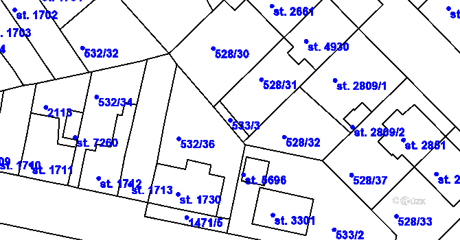 Parcela st. 533/3 v KÚ Třebíč, Katastrální mapa