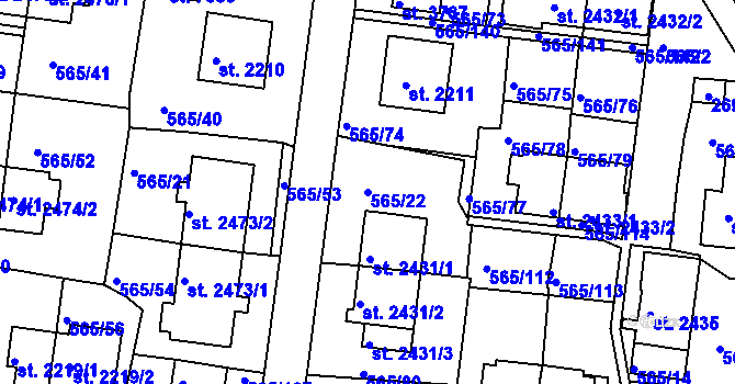Parcela st. 565/22 v KÚ Třebíč, Katastrální mapa