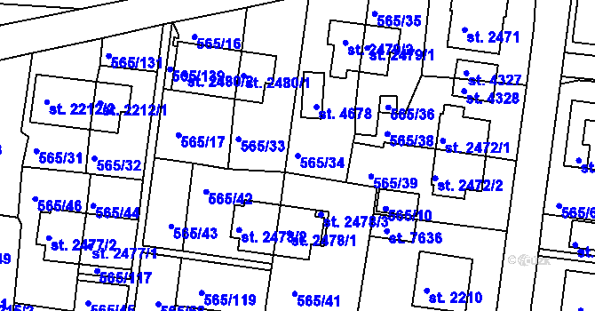 Parcela st. 565/34 v KÚ Třebíč, Katastrální mapa