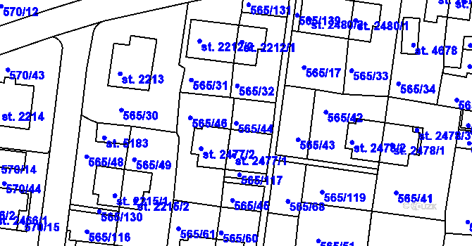 Parcela st. 565/44 v KÚ Třebíč, Katastrální mapa
