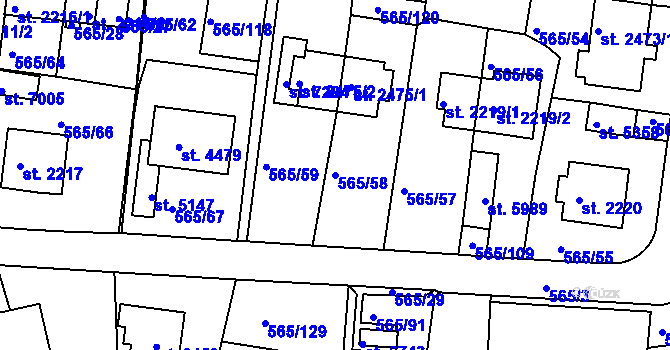Parcela st. 565/58 v KÚ Třebíč, Katastrální mapa