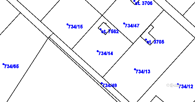 Parcela st. 734/14 v KÚ Třebíč, Katastrální mapa