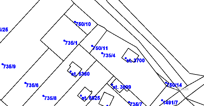 Parcela st. 735/4 v KÚ Třebíč, Katastrální mapa