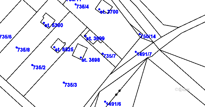 Parcela st. 735/7 v KÚ Třebíč, Katastrální mapa