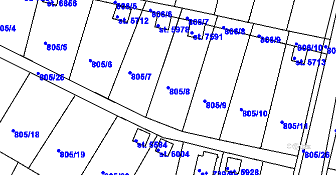 Parcela st. 805/8 v KÚ Třebíč, Katastrální mapa