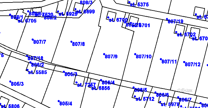 Parcela st. 807/9 v KÚ Třebíč, Katastrální mapa