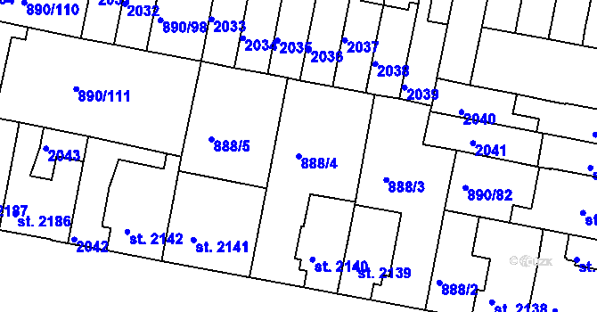 Parcela st. 888/4 v KÚ Třebíč, Katastrální mapa