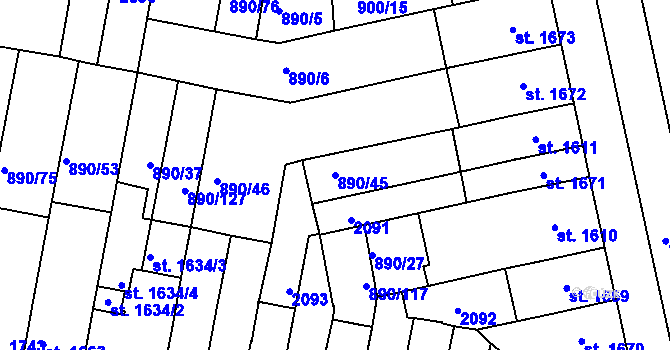 Parcela st. 890/45 v KÚ Třebíč, Katastrální mapa