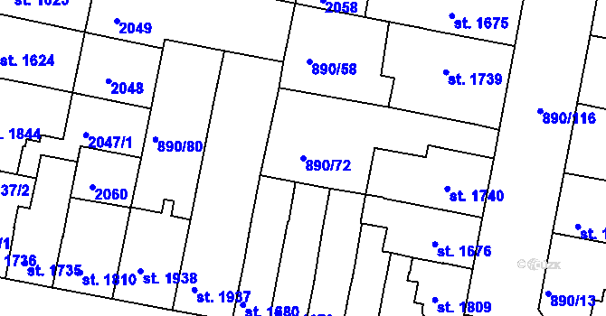 Parcela st. 890/72 v KÚ Třebíč, Katastrální mapa