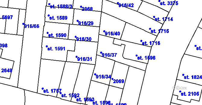 Parcela st. 916/37 v KÚ Třebíč, Katastrální mapa