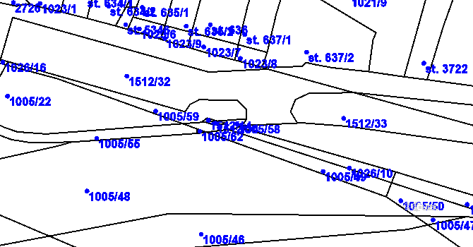 Parcela st. 1005/58 v KÚ Třebíč, Katastrální mapa