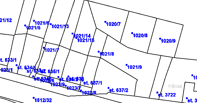 Parcela st. 1021/8 v KÚ Třebíč, Katastrální mapa