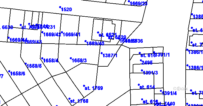 Parcela st. 1387/1 v KÚ Třebíč, Katastrální mapa