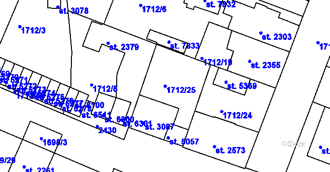 Parcela st. 1712/25 v KÚ Třebíč, Katastrální mapa