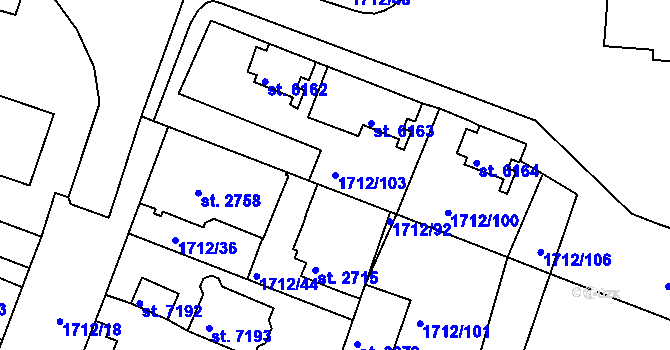 Parcela st. 1712/103 v KÚ Třebíč, Katastrální mapa