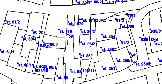 Parcela st. 86/2 v KÚ Podklášteří, Katastrální mapa