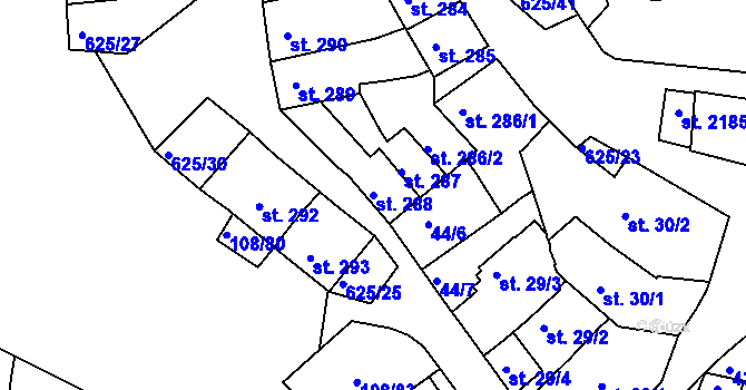 Parcela st. 288 v KÚ Podklášteří, Katastrální mapa