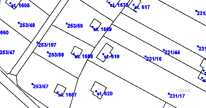 Parcela st. 619 v KÚ Podklášteří, Katastrální mapa