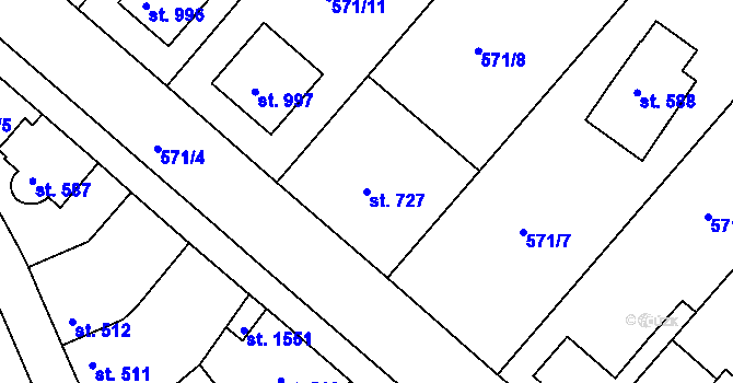 Parcela st. 727 v KÚ Podklášteří, Katastrální mapa