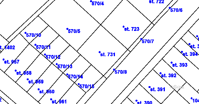 Parcela st. 731 v KÚ Podklášteří, Katastrální mapa