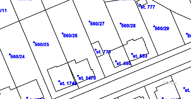 Parcela st. 775 v KÚ Podklášteří, Katastrální mapa